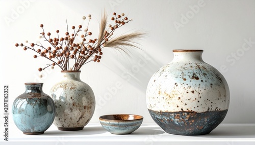 Elegant Ceramic Vases and Bowl with Floral Arrangement on Shelf.