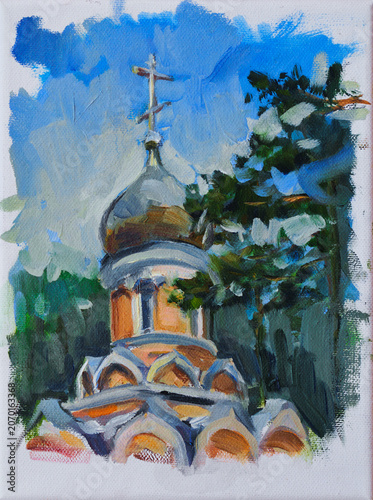 A view upwards of the dome with a cross of an Orthodox church. Oil painting on canvas