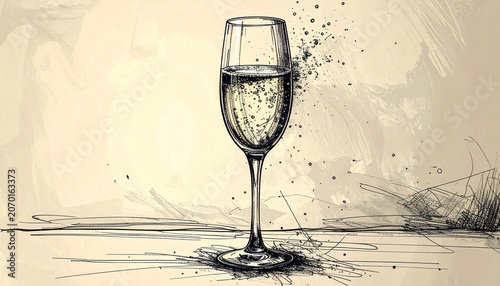 Elegant champagne flute sketch with delicate bubbles and artistic flair.