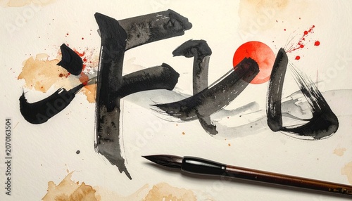 Elegant Chinese Calligraphy Art with Brush and Red Seal.