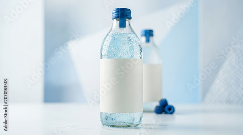 Bottle of sparkling water on a clean kitchen counter with natural light
