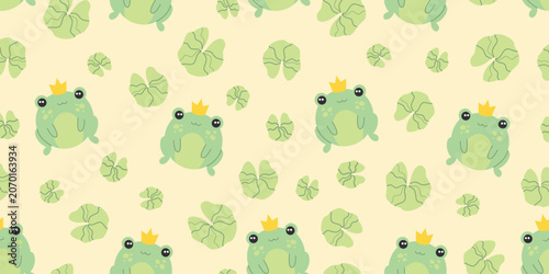 Cute kawaii pattern with frogs and lotus leaves