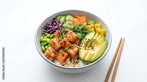 Colorful vegetable stir fry in white bowl with chopsticks.