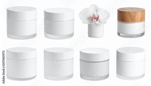Elegant cosmetic jars with orchid, showcasing skincare and beauty products.