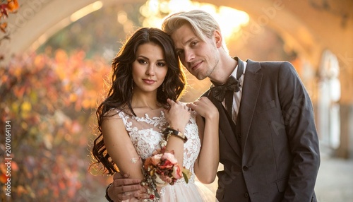 Elegant couple embracing in a romantic outdoor setting, celebrating love and commitment.