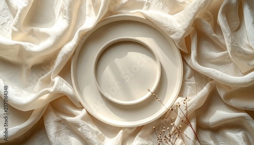 Elegant Cream Plates on Silky Fabric - A Study in Texture and Light.