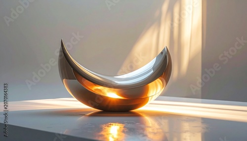 Elegant Crescent Moon Sculpture Bathed in Warm Light.