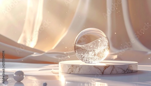 Elegant Crystal Skull on Marble Pedestal - A Study in Light and Form.
