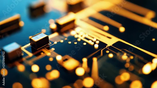 Electronic circuit board featuring intricate pathways and illuminated components, symbolizing digital information flow, advanced computing, and future technology development