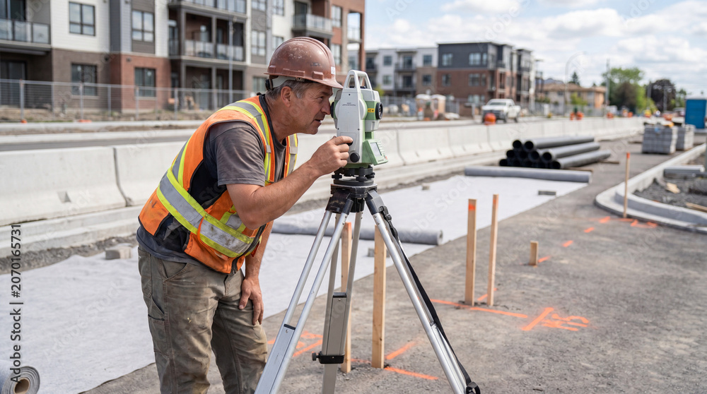 Fototapeta premium Surveyor Working on Construction Site During Building Project