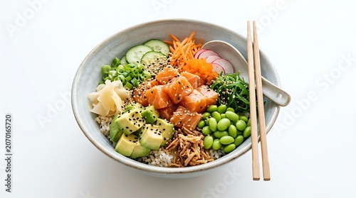 Fresh vegetable salad in white bowl with fork.