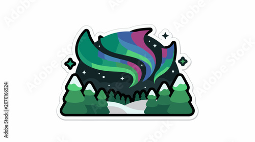 A colorful, stylized illustration of a whimsical, swirling tail above a snowy forest landscape