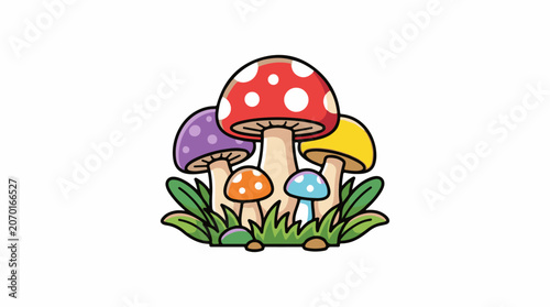 Colorful cartoon illustration of mushrooms in a grassy area