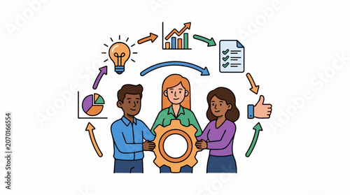 Illustration of three people holding a gear surrounded by various business-related graphics