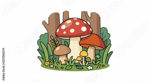 Colorful cartoon illustration of mushrooms and plants in a forest
