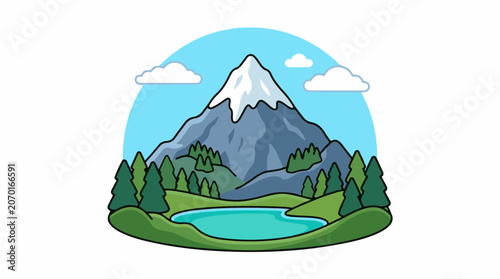 Cartoon mountain landscape with snow-capped peak, trees, and serene lake