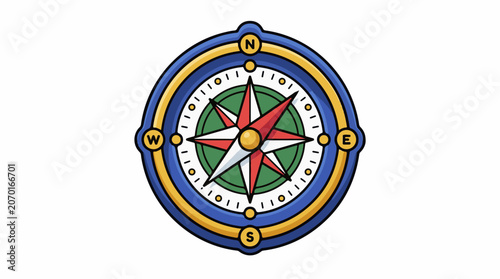 A cartoon-style compass with a green center, white and red star, blue and yellow rings