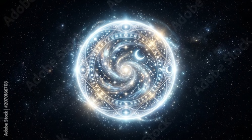 Glowing cosmic magic circle featuring ancient celestial runes and swirling nebula patterns floating within deep dark space with bright sparkling stars and vibrant light energy