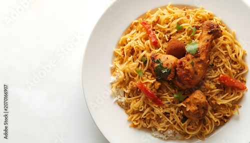 Spicy Chicken Noodles Tomato Sauce White Plate Fresh Meal