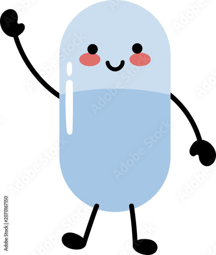 Happy pill medicine cartoon character wave hand illustration