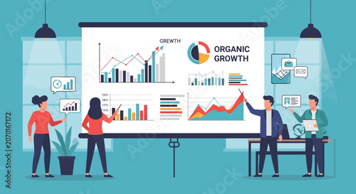 Business meeting presentation of organic growth charts and data.