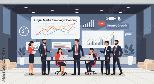 Business Team Collaborating on Digital Marketing Strategy in Modern Office.