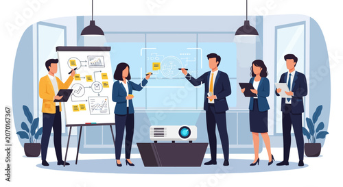 Business team collaborating on a project presentation in a modern office.