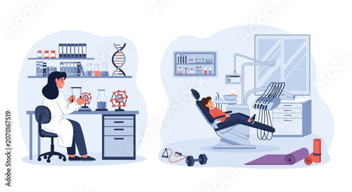Medical professionals performing scientific research and dental examination.
