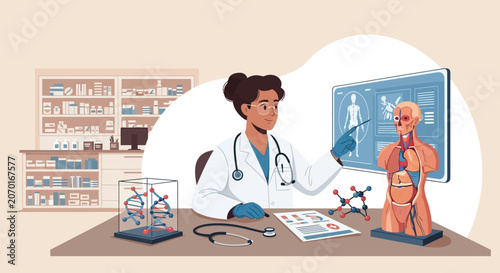 Doctor explaining human anatomy with medical models and screen.