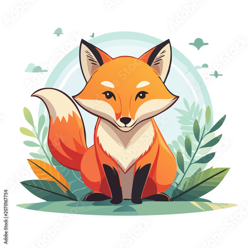 Cute cartoon fox in forest illustration