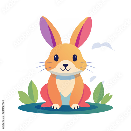 Cute cartoon rabbit with long ears sitting on grass