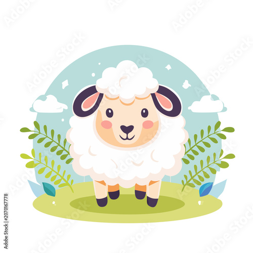 Cute cartoon sheep in a nature scene
