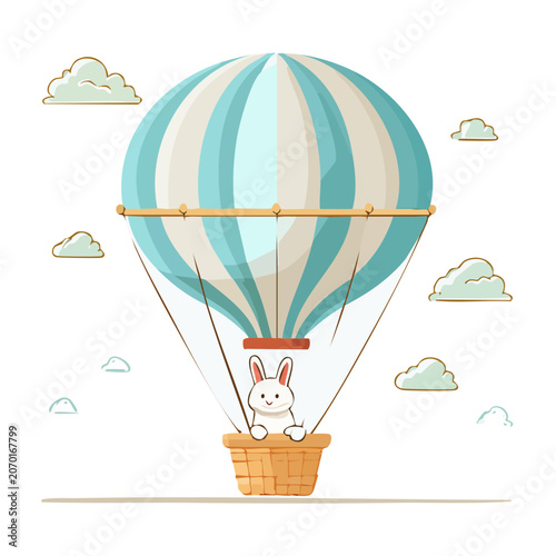 Cute rabbit in hot air balloon flat vector illustration