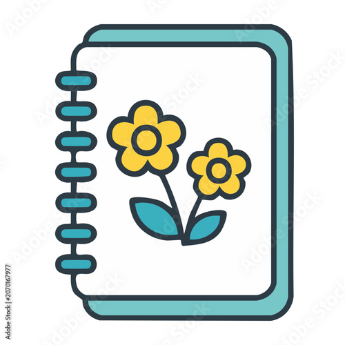 Flat illustration of a spiral notebook with yellow flowers