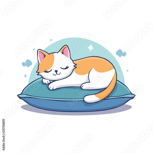 Sleeping orange and white cat on blue pillow vector illustration