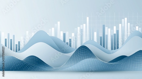 Clean abstract business analytics background with soft blue waves and graphical data visualization elements