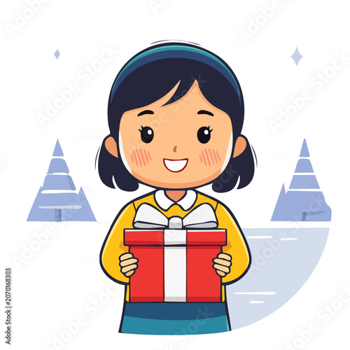 Cartoon girl holding red gift box with winter background