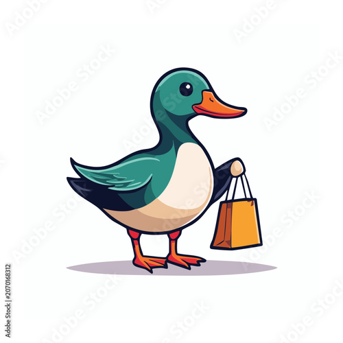 Cartoon mallard duck holding shopping bag