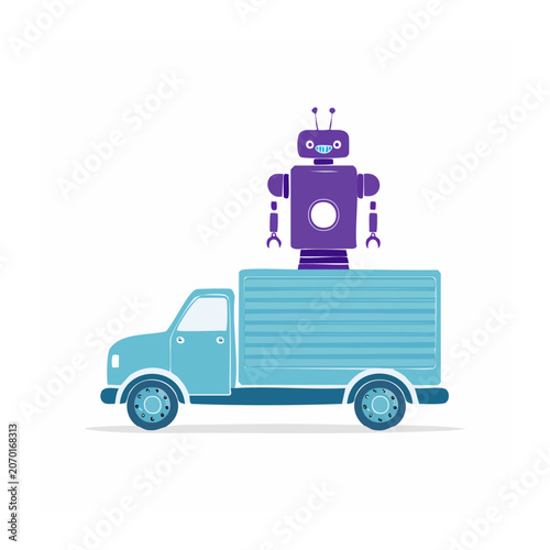 Cartoon Robot Standing on Delivery Truck