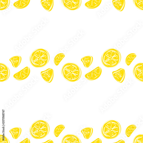 Lemon seamless horizontal border pattern featuring hand drawn, stylized yellow lemon slices, wedges, and rounds repeating uniformly. Fresh citrus summer design for dividers, headers, footers.