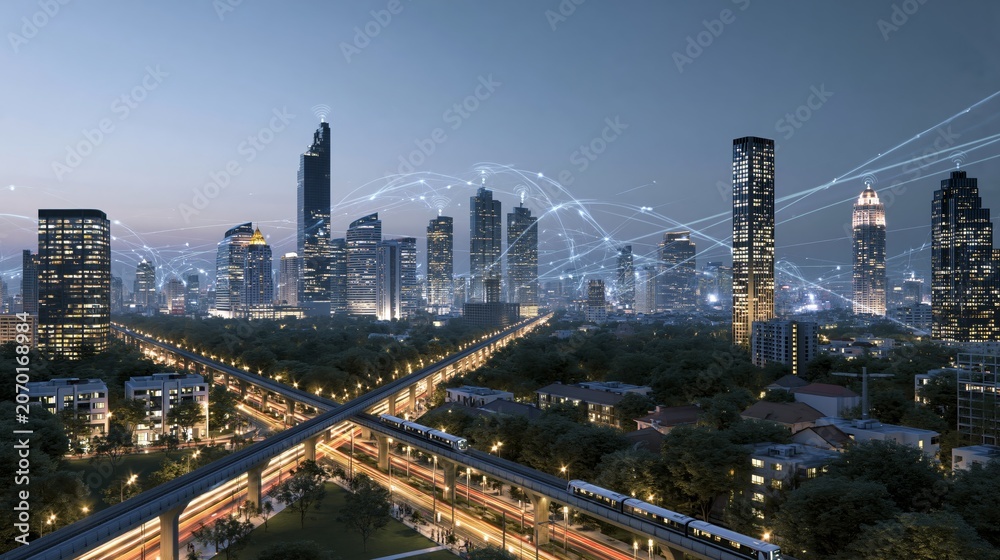 Fototapeta premium A stunning futuristic cityscape featuring advanced technology and modern urban infrastructure illuminated at dusk