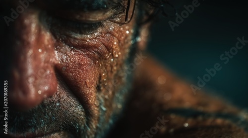 Swimmer holding a painful shoulder at poolside with water dripping, intense cinematic lighting and sports injury recovery concept