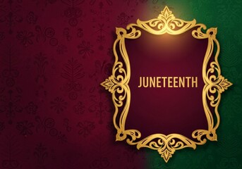Elegant Juneteenth Celebration Banner with Ornate Gold Frame on Dark Red Patterned Background, Commemorating African American Freedom and Heritage, Luxury Holiday Greeting Card