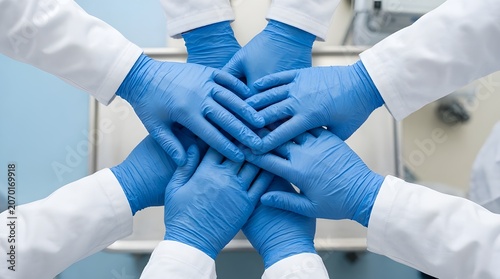 Teamwork and Collaboration in Medical Science Hands in Blue Gloves Joining Together