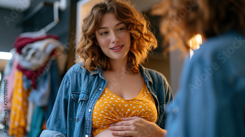 Woman in her thirties standing in front of a dressing room mirror with one hand on her stomach, expression shifting from habitual self-criticism toward cautious acceptance, a stack of rejected garme