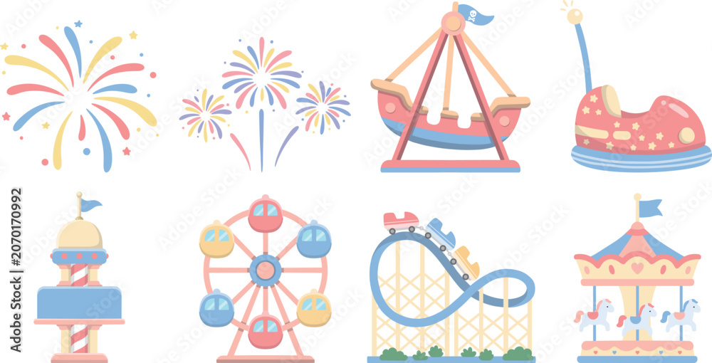 Fototapeta premium Cute Pastel Amusement Park Rides and Carnival Elements Vector Clipart Set