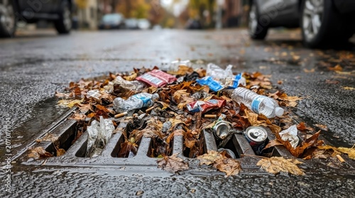 A storm drain grate is shown clogged with trash, debris, and autumn leaves, illustrating urban pollution and blocked water flow. The close-up scene highlights environmental waste.