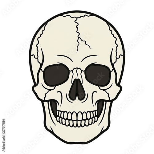 Cartoon skull with empty eye sockets and jagged teeth.