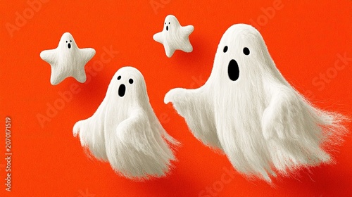Vibrant orange background Halloween illustration with four stylized white ghosts, star-shaped and fluid ghost silhouettes with black facial features, opposite viewing directions, cute minimalist spook
