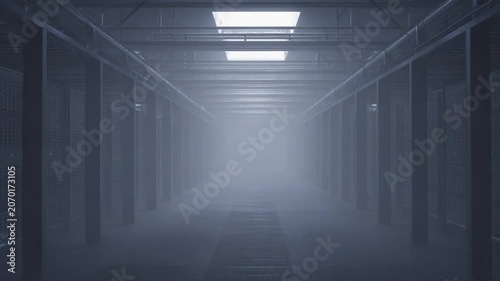 Industrial data center corridor with rows of metallic server racks, glowing lights and mist, evoking futuristic technology, cloud infrastructure, security and mystery